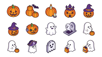 Halloween isometric icon set. Vector pumpkin and ghost collection. Spooky jack-o-lantern. Cute spirit character. Autumn holiday symbol. Modern 3d style. October celebration concept.
