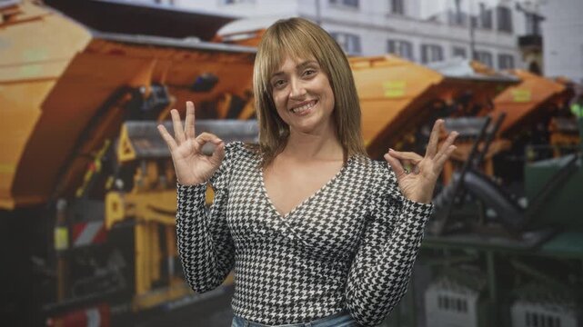 Woman smiling shows ok sign with both hands, wearing houndstooth top in front of orange municipal machines on a street; confidence approval.