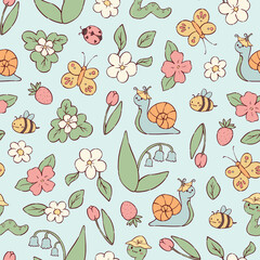 Spring kawaii doodles seamless pattern for nursery textile prints, cards, banners, wallpapers, wrapping paper, digital paper, stationery, scrapbooking, etc. EPS 10