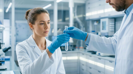 Female researcher holding a test tube, wearing protective gear and conducting research