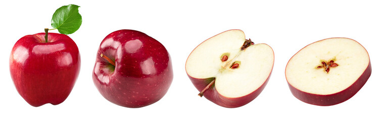 red apples with green leaves isolated on white background. clipping path