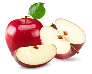 red apples with green leaves isolated on white background. clipping path