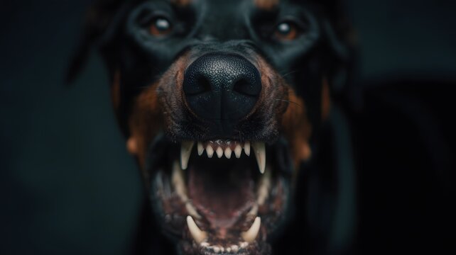Close-up of an angry Doberman's face showing sharp teeth and intense eyes in a dark environment