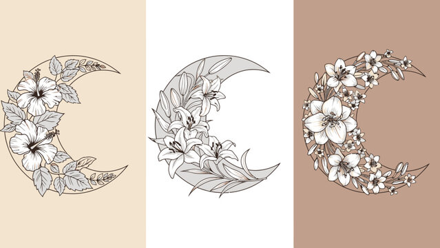 Floral Crescent Moon Vector &ndash; Three Artistic Botanical Designs Featuring Hibiscus, Lily, and Blossoms in Beige, White, and Brown Panels for Spiritual, Decorative, and Minimalist Themes