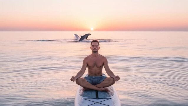 Meditation on paddleboard with dolphins at sunrise in calm ocean waters