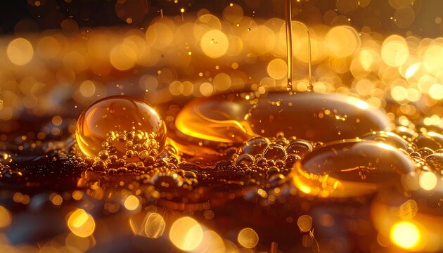Golden Liquid Droplets and Bubbles with Bokeh Lights. - Powered by Adobe