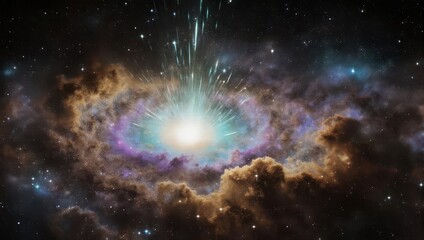 A cosmic nebula erupts with radiant light, surrounded by swirling clouds in the vast, star-filled expanse
