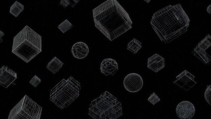 Abstract wireframe shapes of cubes and spheres float against a dark background