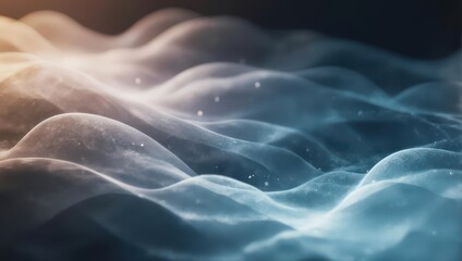 Abstract rendering of undulating, ethereal, blue and gold fluid forms with subtle light and particles