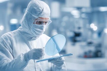 process engineer comparing wafer samples with documentation tray, full protective suit and clear visor, methodical check of lot numbers and surface uniformity in hightech fabrication facility,
