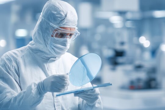 process engineer comparing wafer samples with documentation tray, full protective suit and clear visor, methodical check of lot numbers and surface uniformity in hightech fabrication facility,