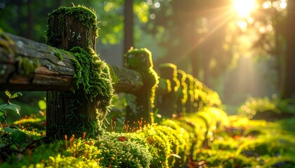 Sunlight filtering through a moss-covered forest fence.