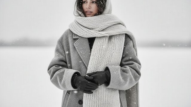 Woman bundled in a cozy grey coat and oversized knit scarf, standing stoically in a soft snowfall. Captures a mood of quiet resilience and winter's embrace.
