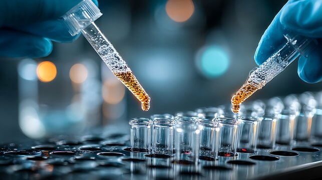 Dropping Liquid into Test Tubes in Laboratory with Bokeh Lights science research