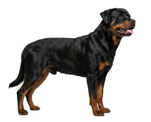 Obraz premium Full Body Side View of a Standing Black and Tan Rottweiler Dog Isolated on White Background