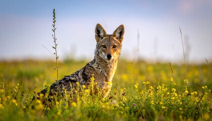 A lone black-backed jackal sits alertly in a field of yellow wildflowers under a blue sky.