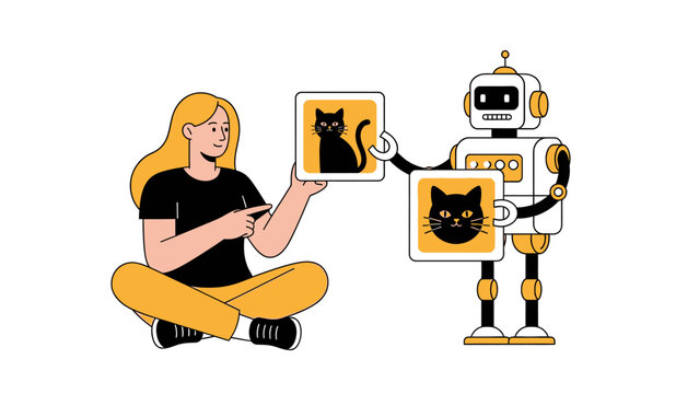 Robot and Person Discussing Cat Images, AI Learning and Comparison