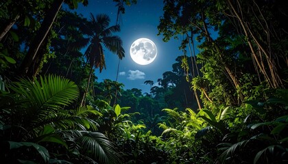 Mystical Full Moon Illuminating a Lush Tropical Rainforest at Night.