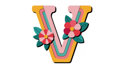 Colorful letter V with flowers pink yellow isolated on a transparent background
