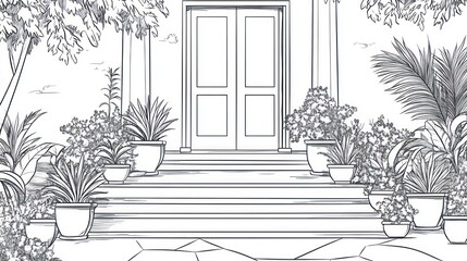 Elegant House Entrance with Lush Landscaping. Illustration. Stock Photo