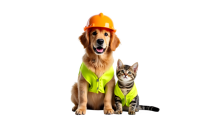 Adorable dog and cat in construction vests and hard hat