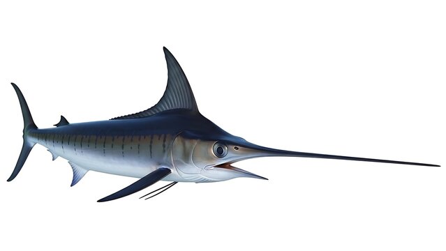 Majestic marlin fish with pointed bill swimming on white background swordfish billfish