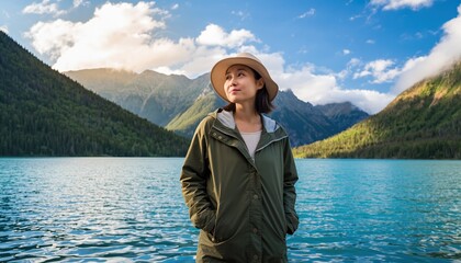 Woman enjoying the serene beauty of a mountain lake.