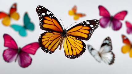 Naklejka premium Colorful butterflies in flight, featuring a vibrant monarch butterfly at the center, surrounded by various species against a clean white background with ample copy space for design use