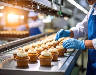 Food Production Worker Wearing Blue Gloves Arranging Cupcakes on a Conveyor Belt in a Brightly Lit Factory