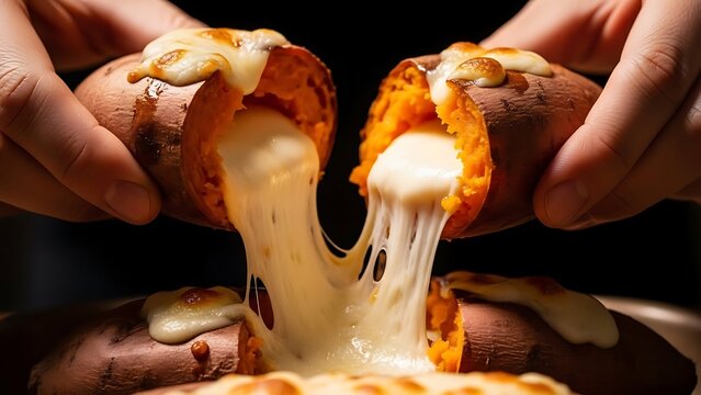 Hands pull apart a baked sweet potato, revealing a gooey, delicious cascade of melted cheese inside.