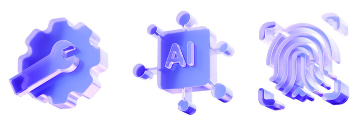 Fototapeta na wymiar Set 3D Glass technology system icon isolated on transparent background, configuration tools, artificial intelligence processing, and biometric security identification. Transparent Liquid Glass icon