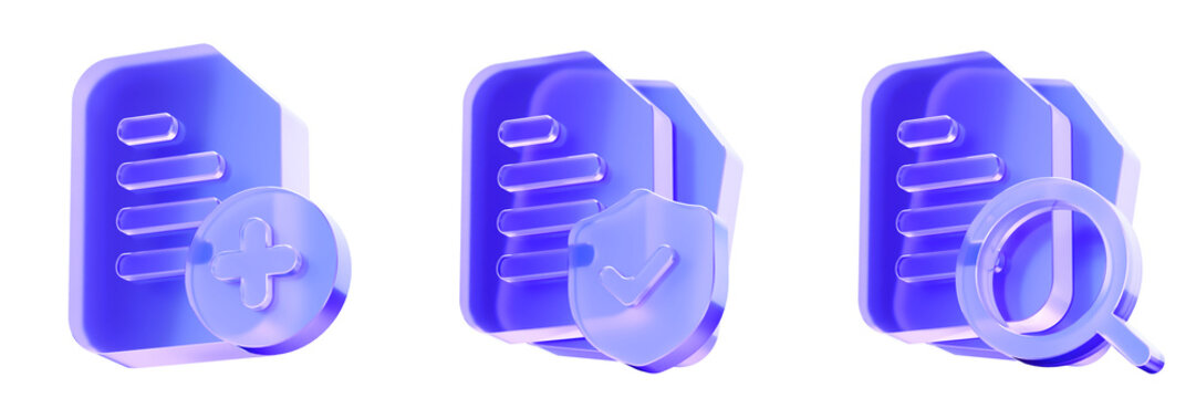 Set 3D Glass document management icon isolated on transparent background, concept of file creation, file verification, and document search. Transparent Liquid Glass icon. 3D rendering.