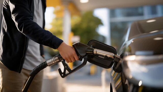 Person operating a fuel autogas pump gun at a gas station, nozzle connected to vehicle tank, illustrating LPG refueling process, alternative energy, and automotive fuel systems. cinematic color