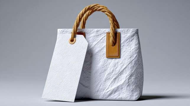 Tyvek textured handbag with a rope handle and a blank luggage tag, showcasing a minimalist design against a soft gray background with ample copy space for branding or promotional text
