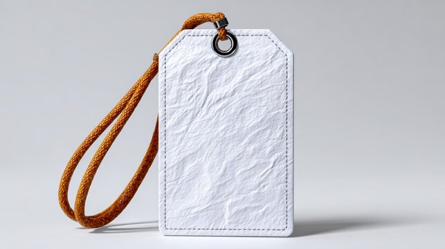 Tyvek textured luggage tag with orange string, realistic 3D render on a soft gray background, ideal for travel accessories and product photography with copy space
