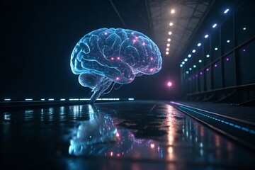 Obraz premium Bioluminescent neural interface hovering above dark reflective surface abstract brain technology concept