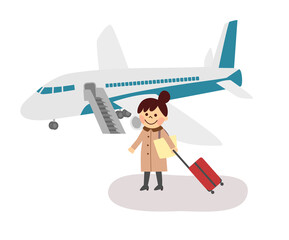 飛行機に搭乗する若い女性