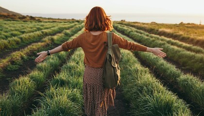Woman walking through a field at sunset.