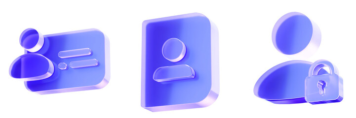 Set 3D Glass user identification icon isolated on transparent background, concept of personal profile card, account information, and secure access protection. Transparent Liquid Glass icon. 3D render
