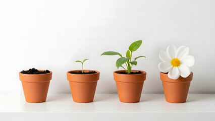 Obraz premium Stages of plant growth from soil to sprout, then green plant to blooming flower, illustrating natural development and life's journey