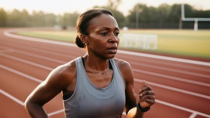 Runner trains on a track during sunset for a marathon in summer evening