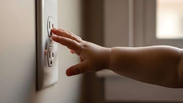 A baby's tiny hand directly touches a potentially dangerous electrical power outlet at home.