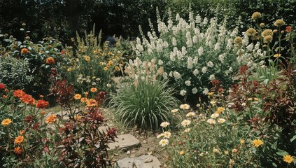 Fototapeta premium Bright Flowers and Plants Grow in a Garden With Stones and Green Leaves During Sunny Weather