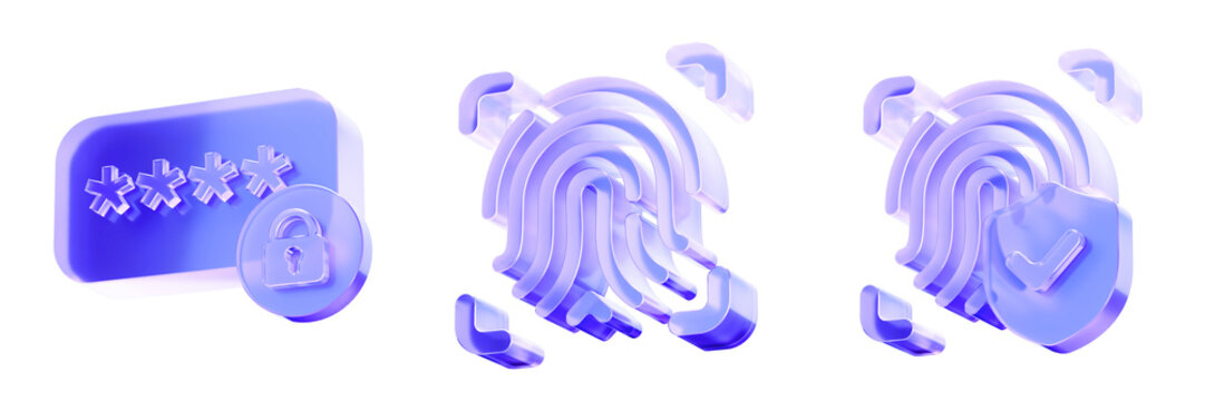 Set 3D Glass cybersecurity access icon isolated on transparent background, password protection, biometric fingerprint authentication, and secure verification approval. Transparent Liquid Glass icon.