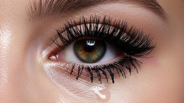 Extreme close-up of a human eye with dramatic false eyelashes and a single tear, conveying emotion and beauty in a striking, artistic macro shot.