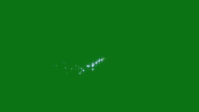 White glowing twinkle stars animation with sparkling glitter dust trails, cartoon vector star flashes, magical light path motion overlay for video transitions on green screen background 4k
