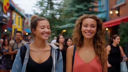 Two friends enthusiastically stroll down a vibrant neighborhood block, sharing flyers for a new restaurant opening, happily engaging with locals and inviting them to experience the new menu.