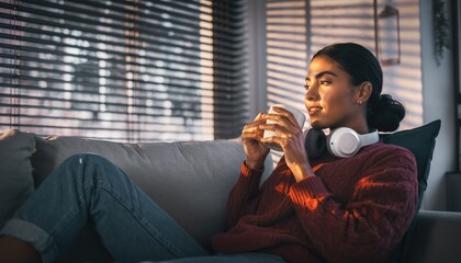 Young Woman Relaxing on Sofa with Cup and Headphones.