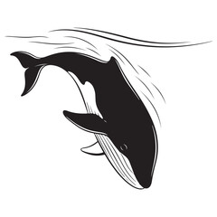 Stylized Black Whale Diving Under Water Surface Illustration