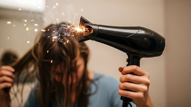 A surprised woman holds a faulty hairdryer that is actively sparking and emitting smoke near her hair.
